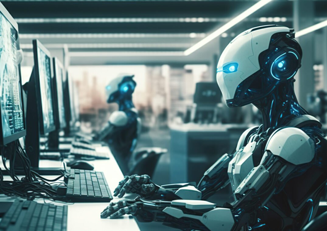 A robot working in a modern office with real people. Generative AI