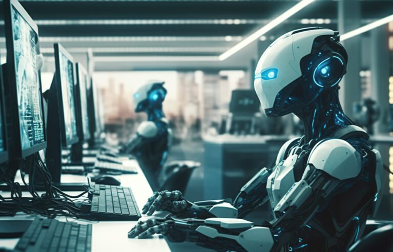 A robot working in a modern office with real people. Generative AI